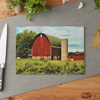 Barn Boutique Rustic Tempered-Glass Cutting Board| Elmwood Road Red Barn and Horses