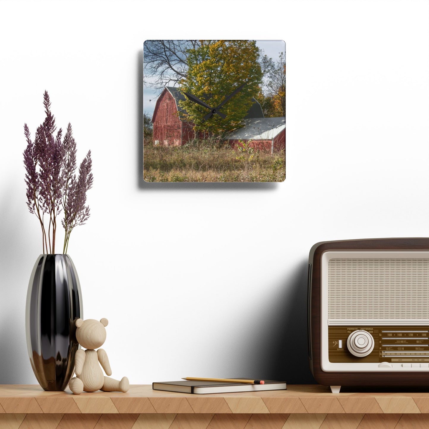U R There Photography Bowers Road Red I Rustic Farmhouse Acrylic Analog Wall Clock