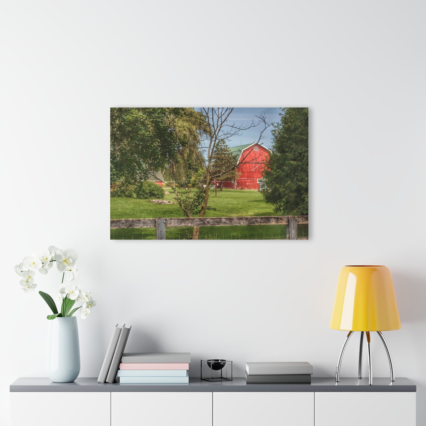 U R There Photography Roadside Red Beyond the Fence Rustic Farmhouse Acrylic Wall Print