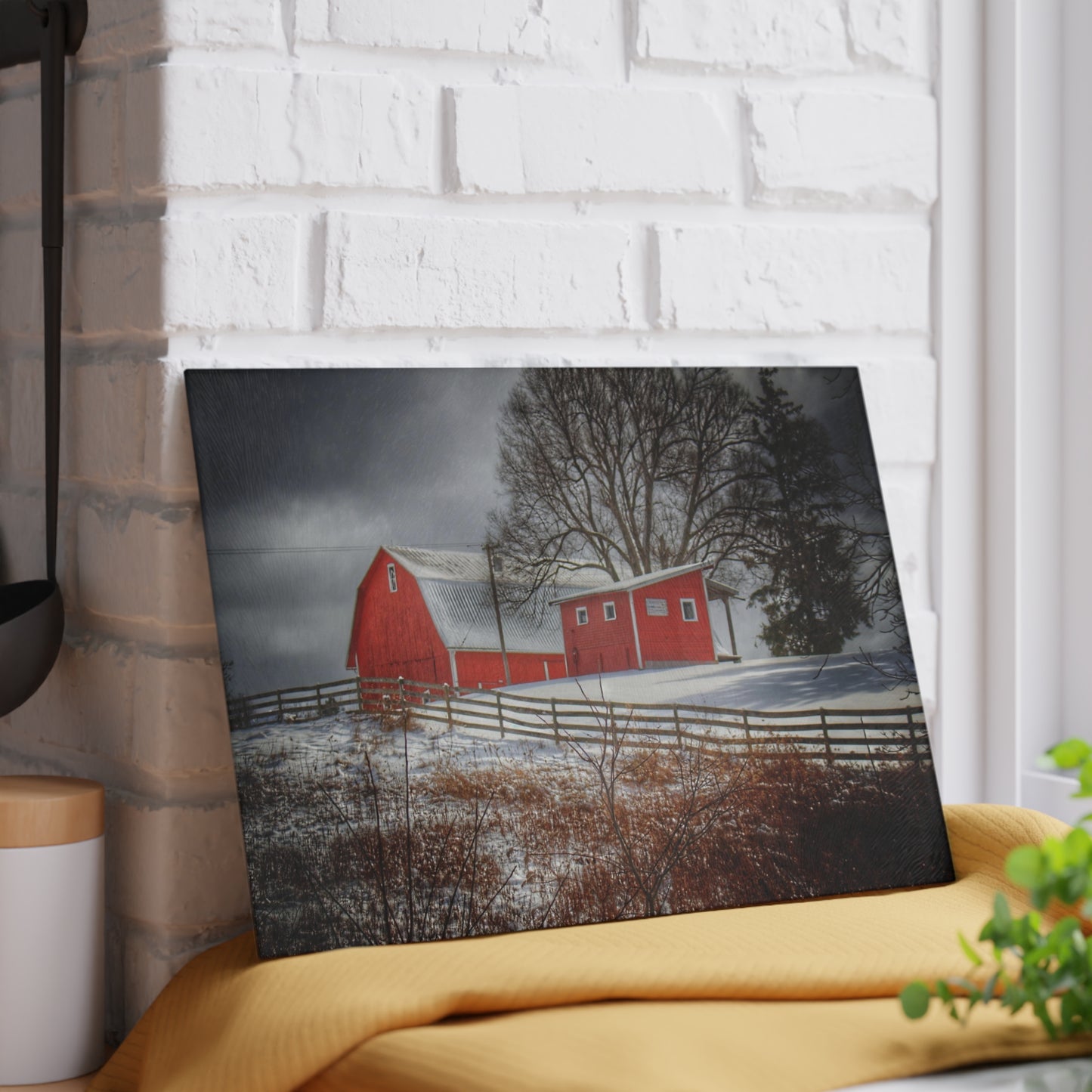 U R There Photography Catlin Red and Fence I Rustic Farmhouse Tempered-Glass Cutting Board