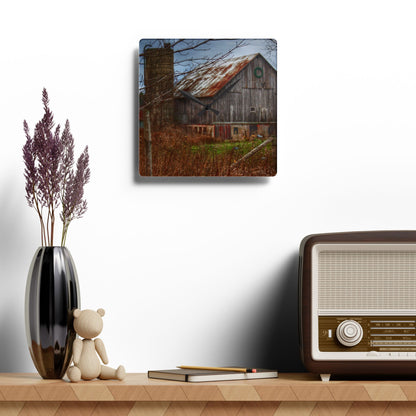 U R There Photography Churchill Christmas Barn II Rustic Farmhouse Acrylic Analog Wall Clock