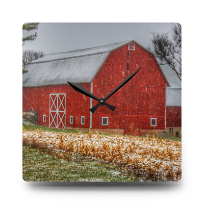 U R There Photography Shoemaker Road Winter Reds I Rustic Farmhouse Acrylic Analog Wall Clock