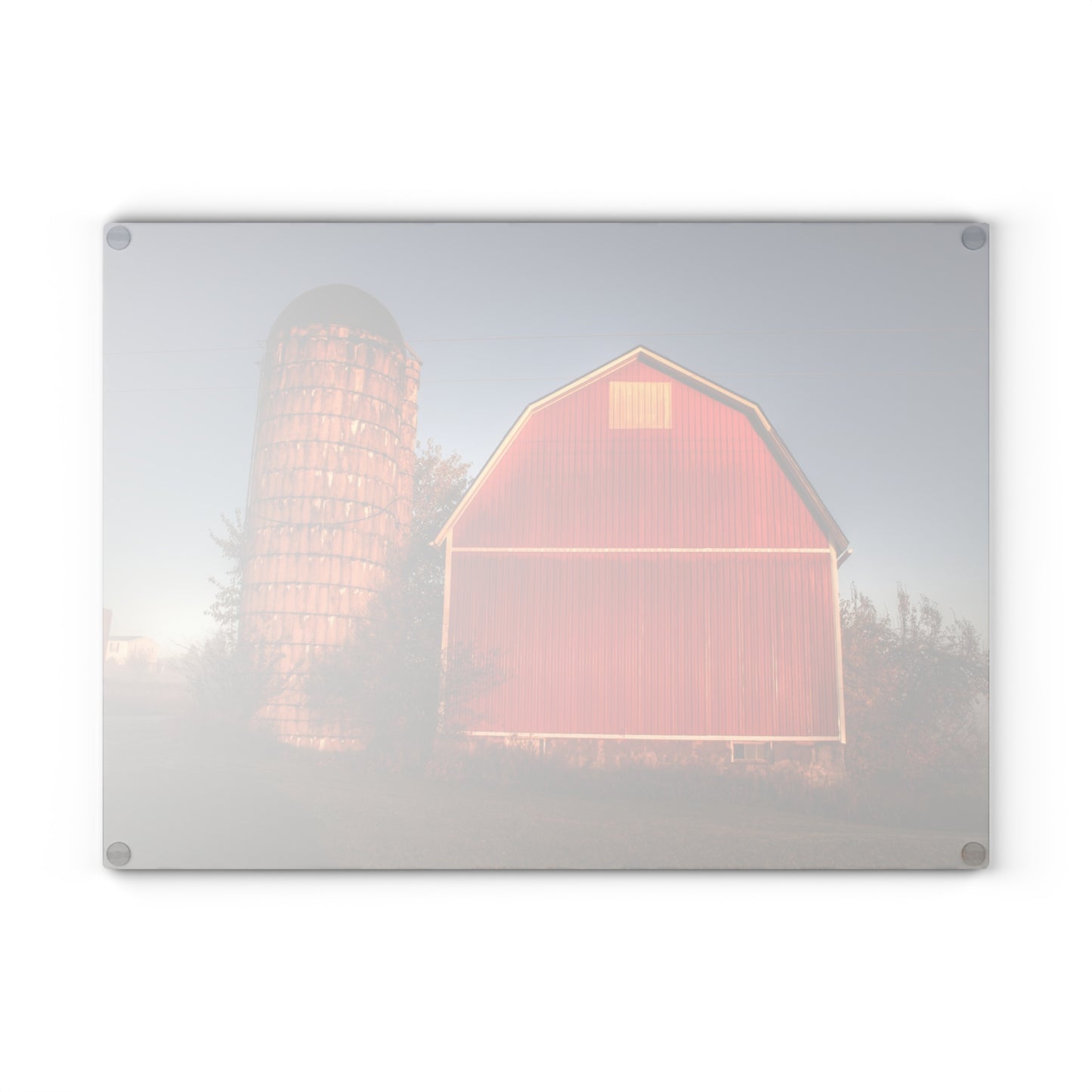U R There Photography Klam Road Red Meets Foggy Sunrise I Rustic Farmhouse Tempered-Glass Cutting Board