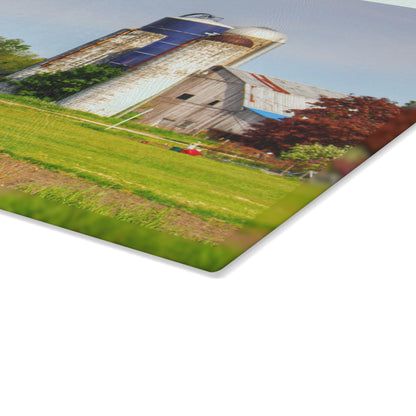 U R There Photography M-25 Old Grey and Silos Rustic Farmhouse Tempered-Glass Cutting Board