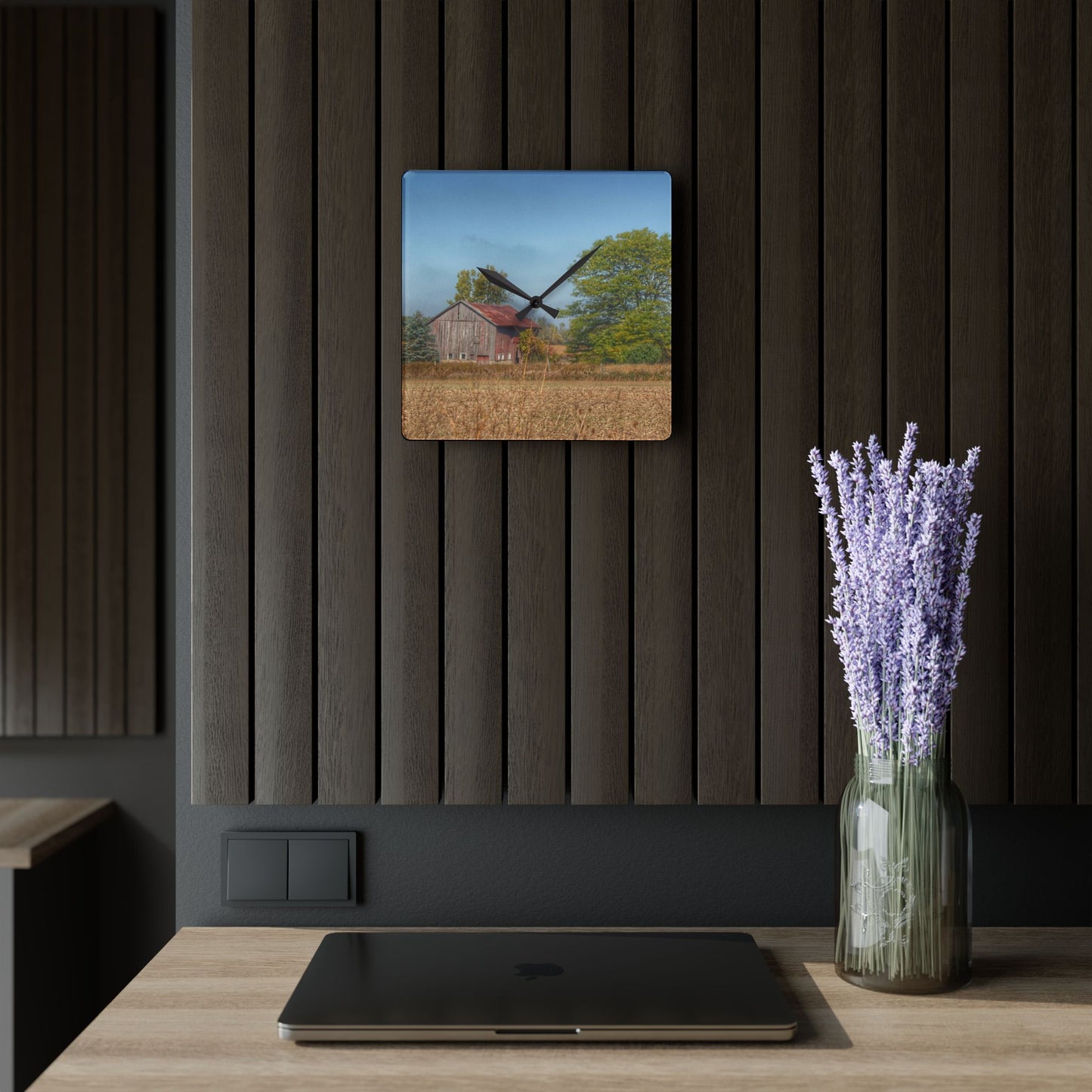 U R There Photography Brown City Wellman Line Road Little Red Rustic Farmhouse Acrylic Analog Wall Clock
