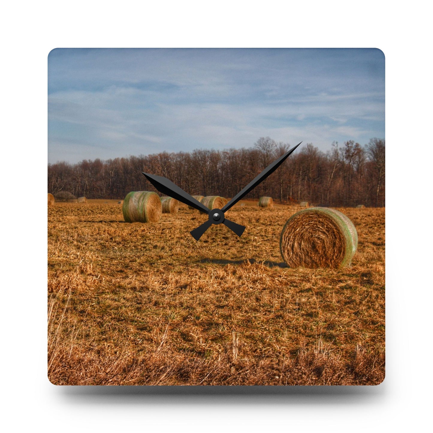 U R There Photography December Haybales Rustic Farmhouse Acrylic Analog Wall Clock