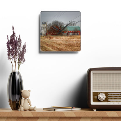 U R There Photography Mound Road Reds and Silo Rustic Farmhouse Acrylic Analog Wall Clock