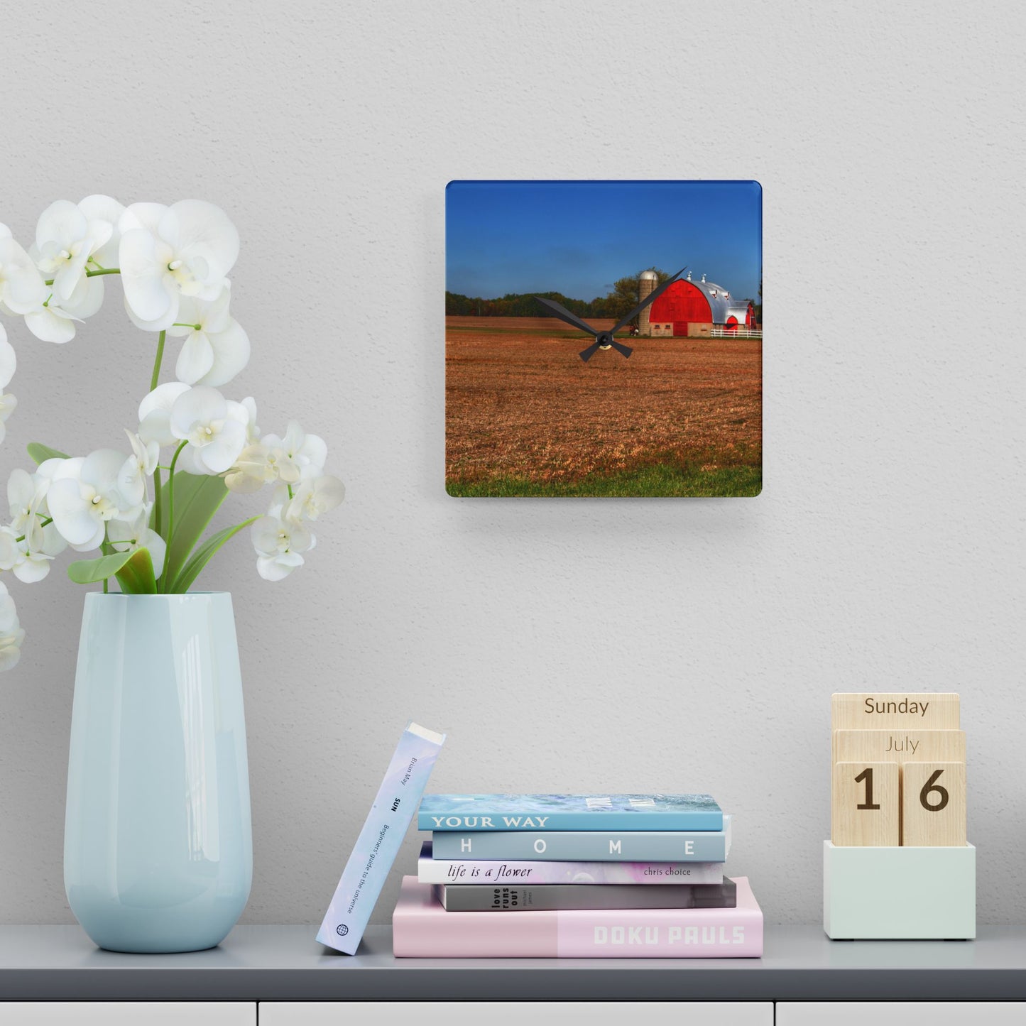 U R There Photography Brown City Wellman Line Road Red Rustic Farmhouse Acrylic Analog Wall Clock