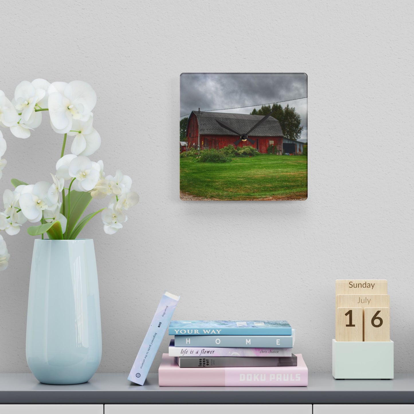 U R There Photography Country Red Rustic Farmhouse Acrylic Analog Wall Clock