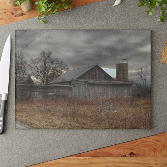 U R There Photography Church Road Grey I Rustic Farmhouse Tempered-Glass Cutting Board