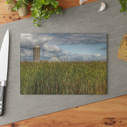 U R There Photography White Barn Overlooking Cornfield Rustic Farmhouse Tempered-Glass Cutting Board