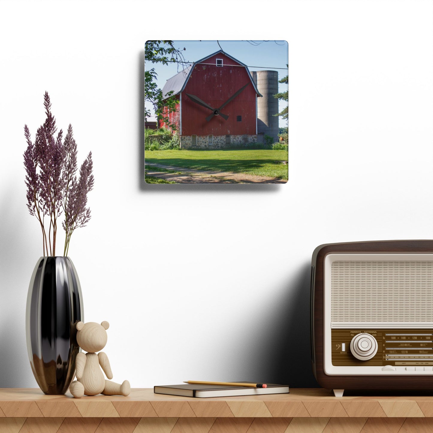 U R There Photography Mayville Road Red Rustic Farmhouse Acrylic Analog Wall Clock