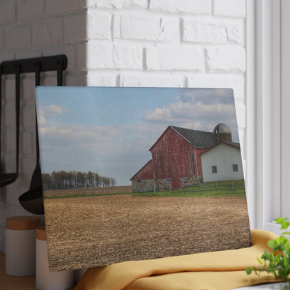 U R There Photography Cedar Creek Road Saltbox Red Rustic Farmhouse Tempered-Glass Cutting Board