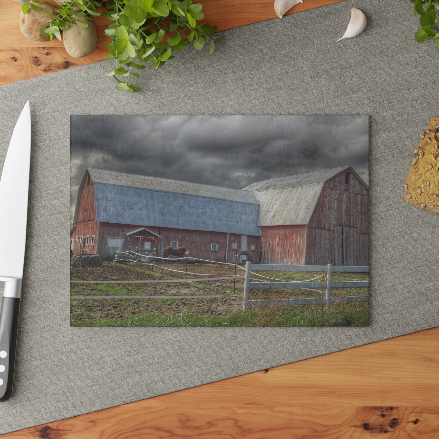 U R There Photography Sandusky Horse Barn Against Fall Skies Rustic Farmhouse Tempered-Glass Cutting Board