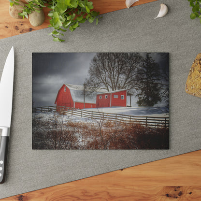 U R There Photography Catlin Red and Fence I Rustic Farmhouse Tempered-Glass Cutting Board