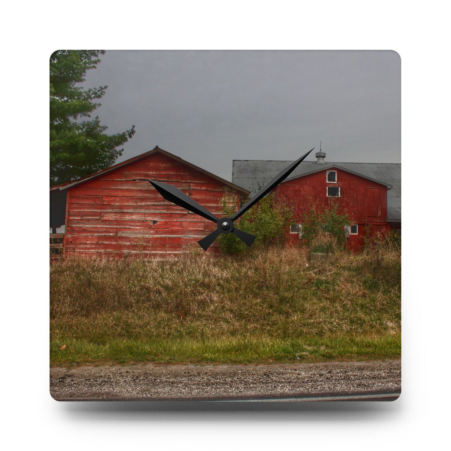U R There Photography Goodrich Baldwin Road Reds I  Rustic Farmhouse Acrylic Analog Wall Clock