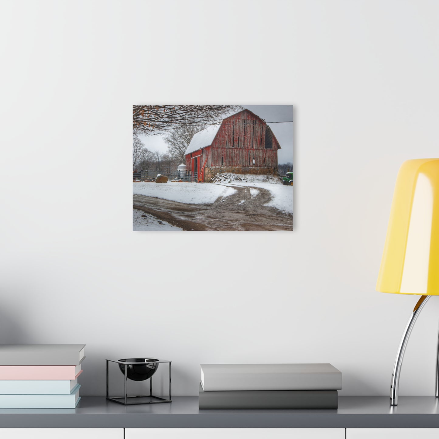 U R There Photography Marathon Road Red in Winter Rustic Farmhouse Acrylic Wall Print