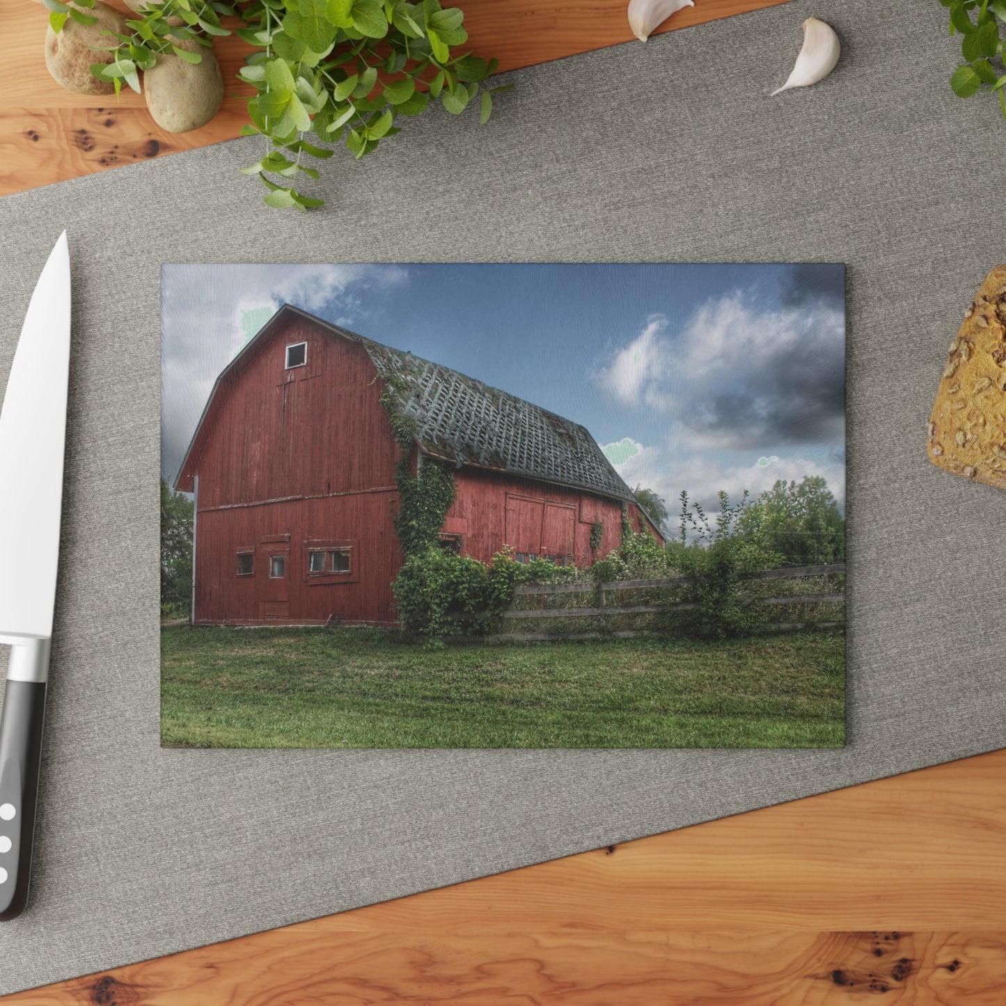 U R There Photography Hegel Road Old Red I Rustic Farmhouse Tempered-Glass Cutting Board 8"x 11"