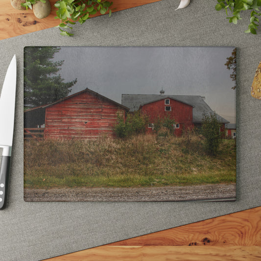 U R There Photography Goodrich Baldwin Road Reds I Rustic Farmhouse Tempered-Glass Cutting Board
