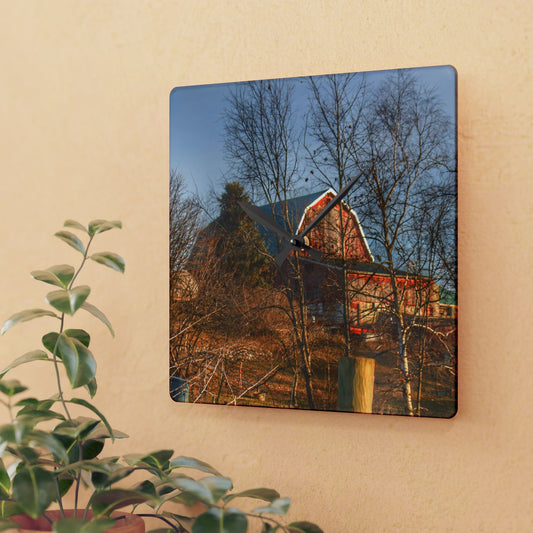 U R There Photography Otter Lake Road Hillside Red Rustic Farmhouse Acrylic Analog Wall Clock