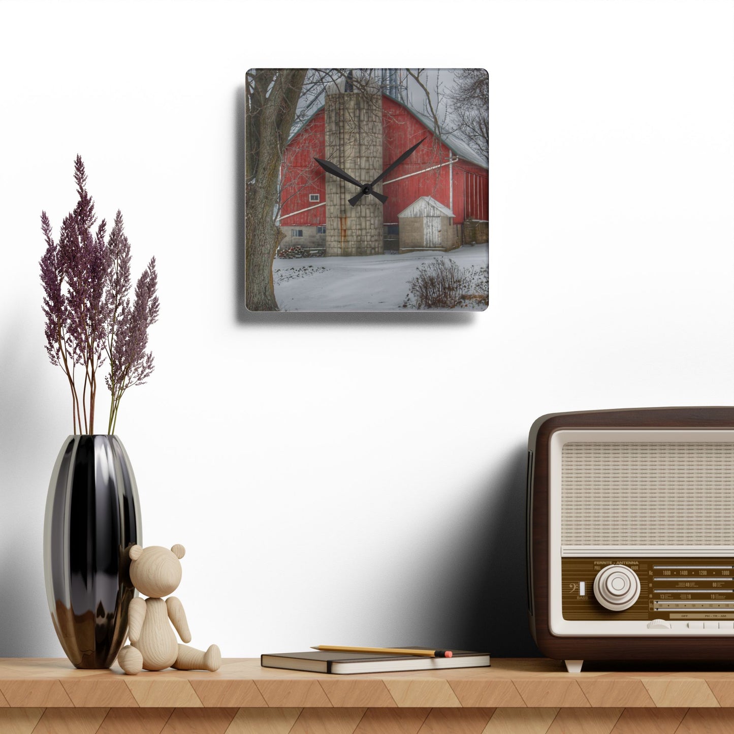 U R There Photography Frenchline Road Red in Winter Rustic Farmhouse Acrylic Analog Wall Clock