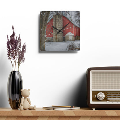 U R There Photography Frenchline Road Red in Winter Rustic Farmhouse Acrylic Analog Wall Clock