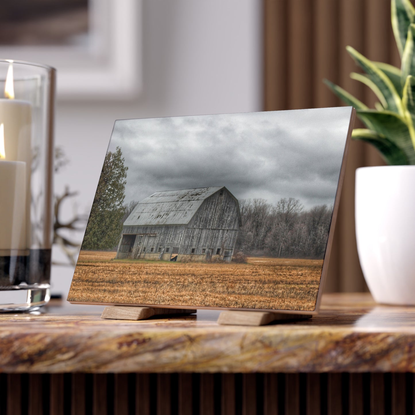 U R There Photography Grey Barn and Tree Rustic Farmhouse Decorative Ceramic Tile