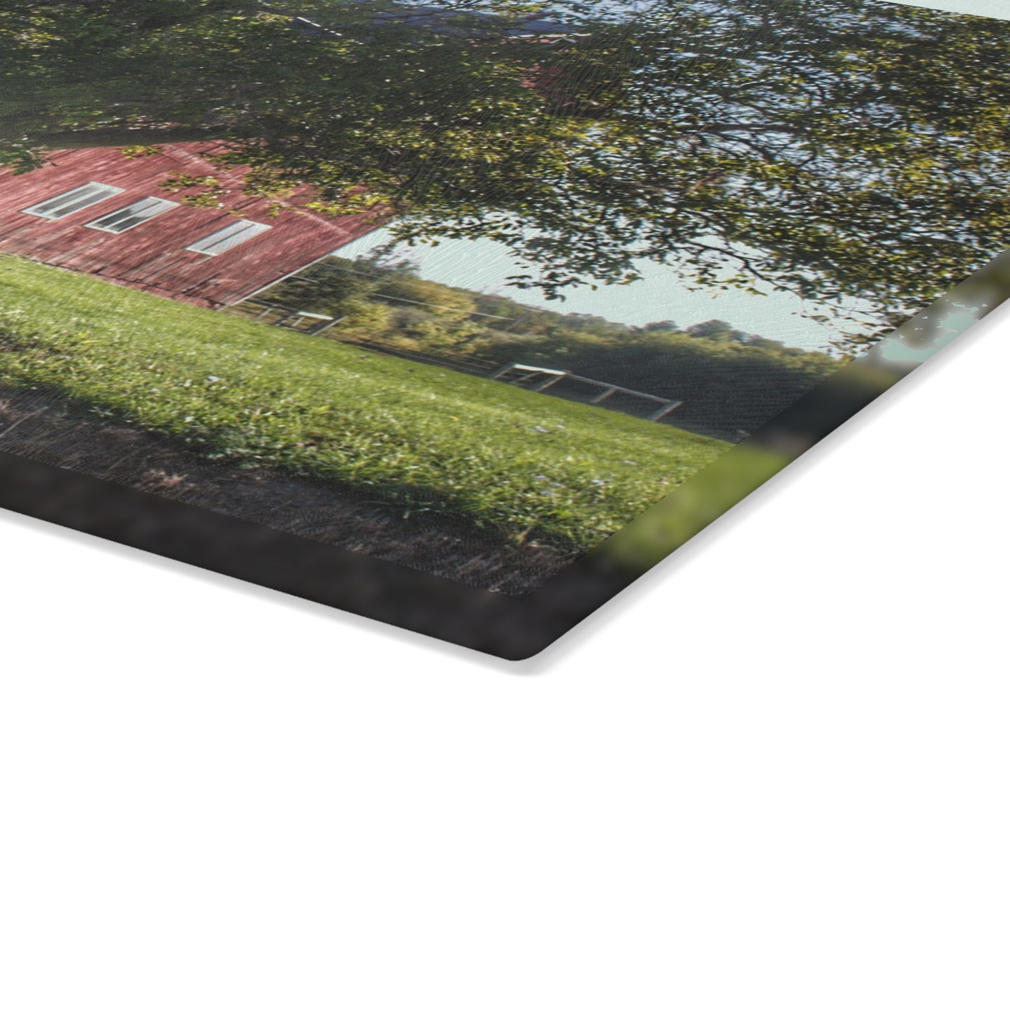 U R There Photography Rochester Road Hidden Red Rustic Farmhouse Tempered-Glass Cutting Board 8"x 11"