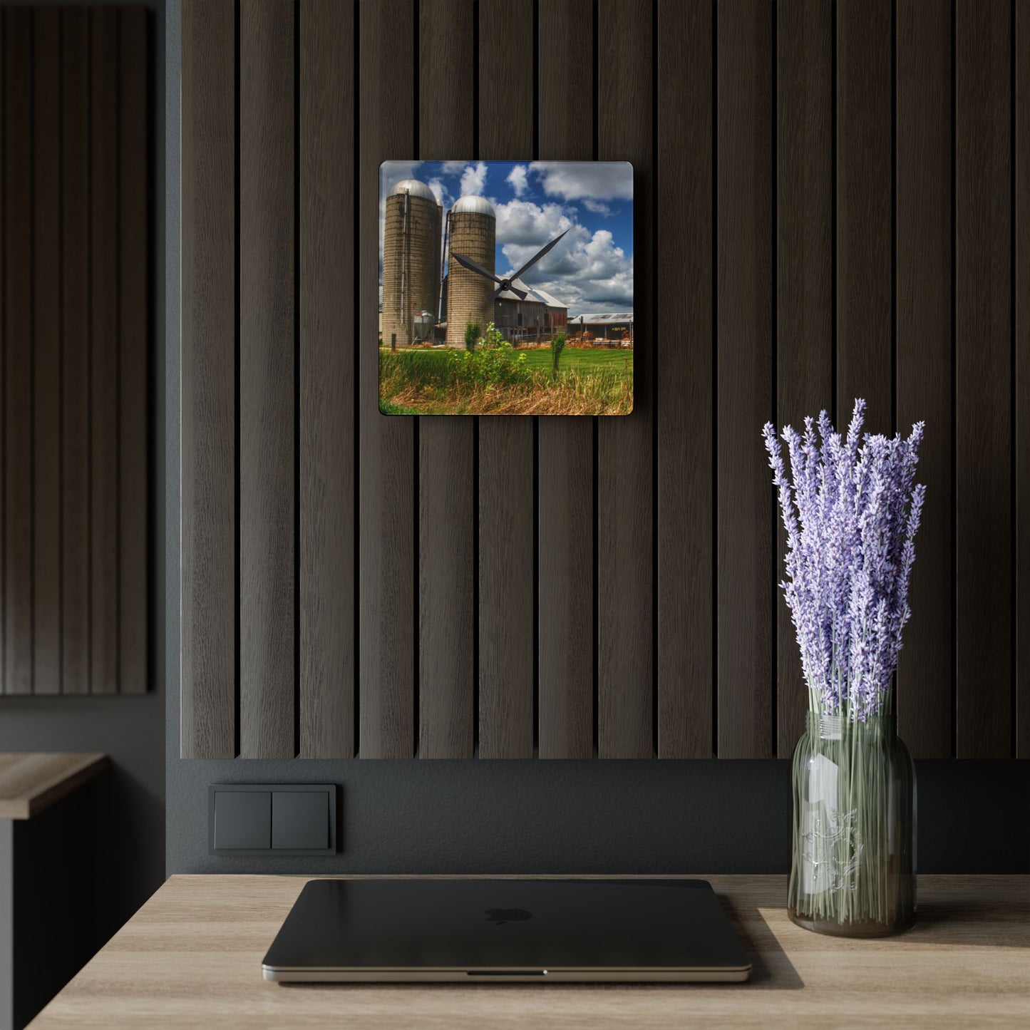 U R There Photography Millington Grey and Silos Rustic Farmhouse Acrylic Analog Wall Clock