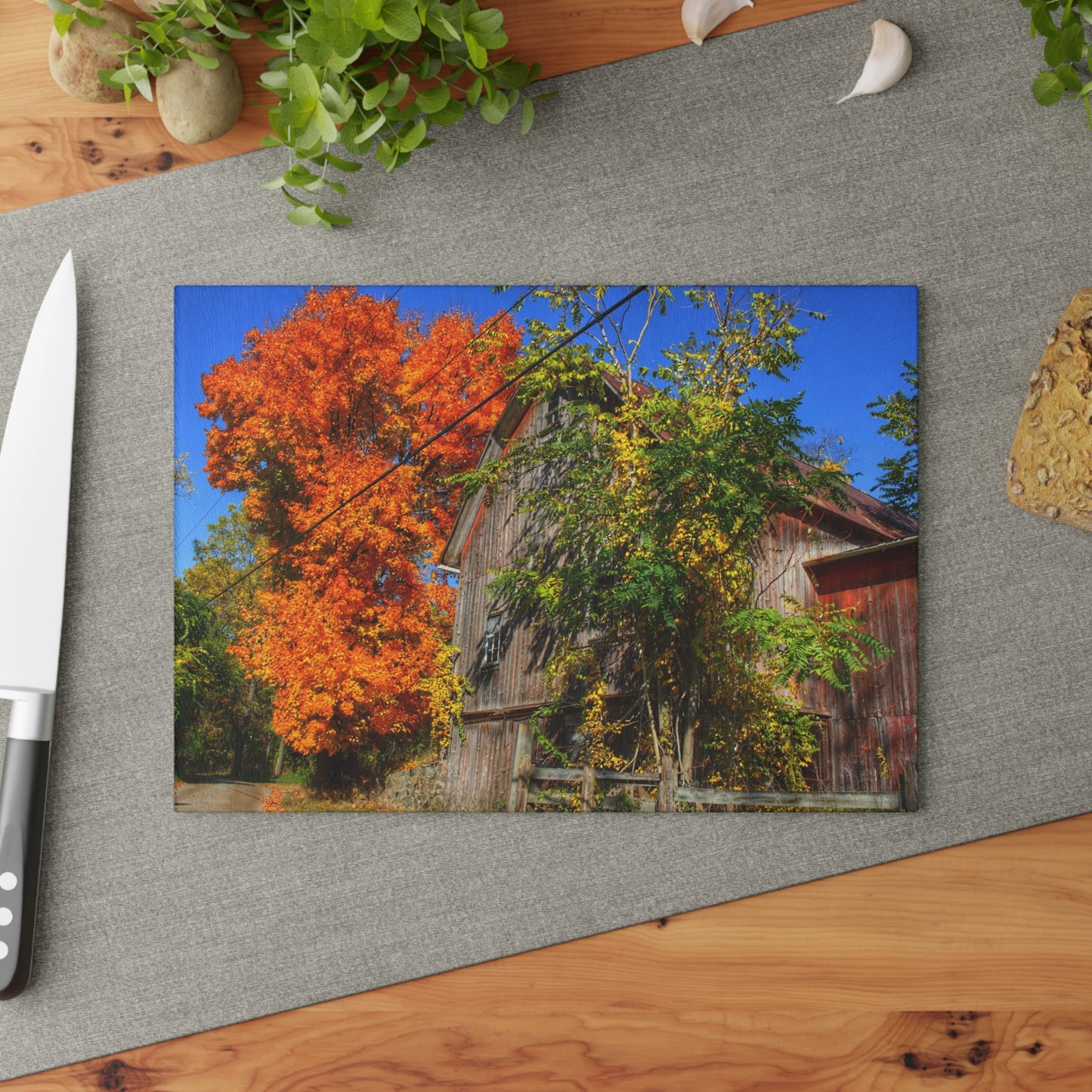 U R There Photography Oxford Rusted Red in Fall Rustic Farmhouse Tempered-Glass Cutting Board