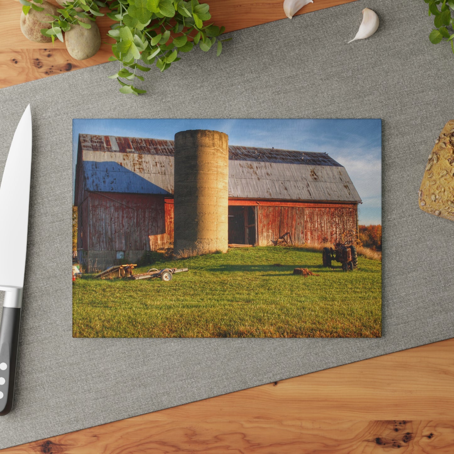 U R There Photography Peck Road Red and Silo Rustic Farmhouse Tempered-Glass Cutting Board 8"x 11"