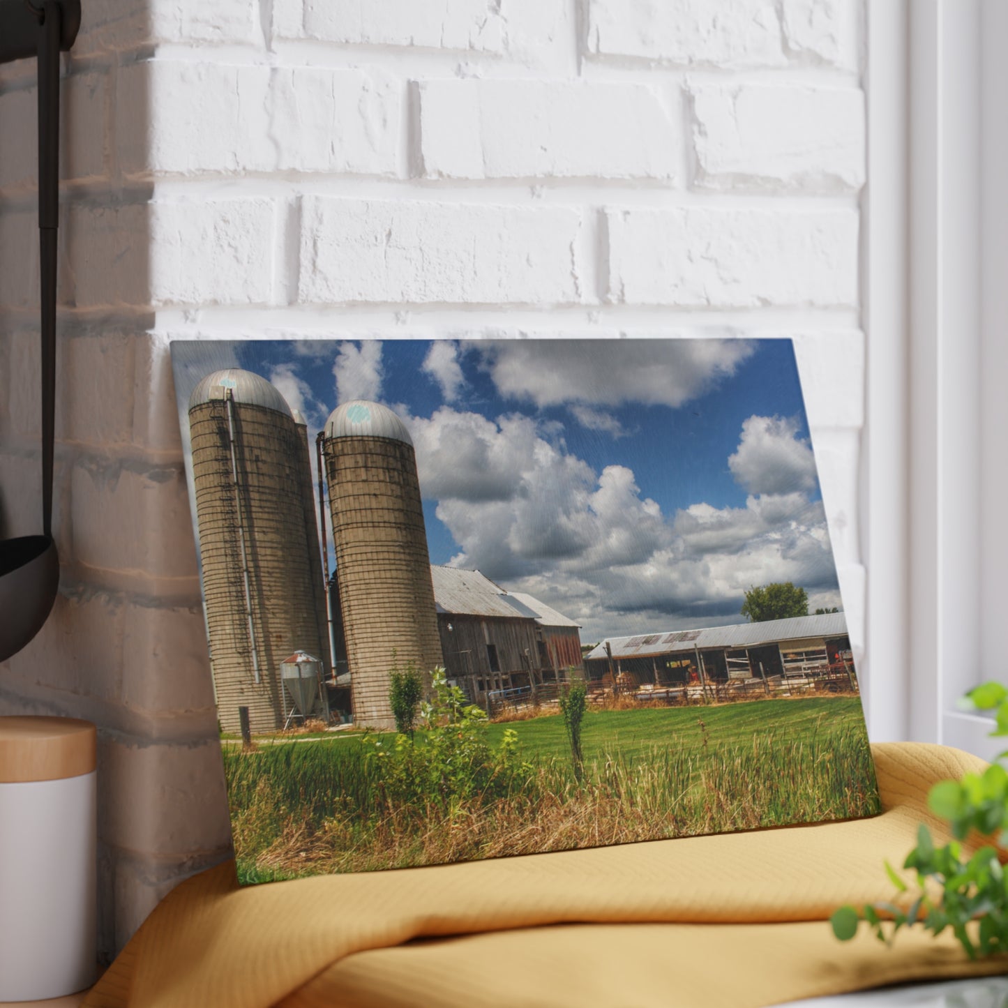 U R There Photography Millington Grey and Silos Rustic Farmhouse Tempered-Glass Cutting Board