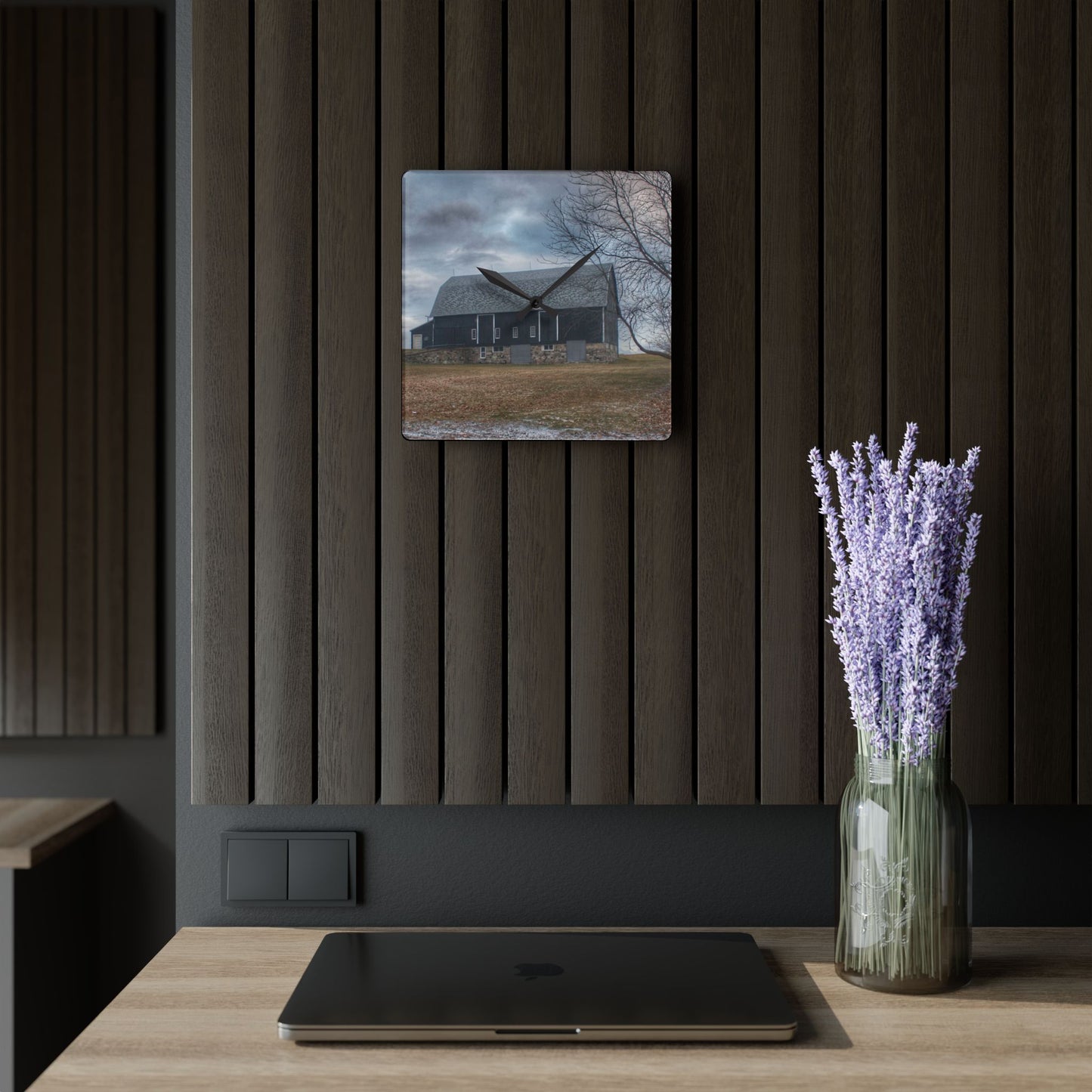 U R There Photography Attica Road Black Rustic Farmhouse Acrylic Analog Wall Clock