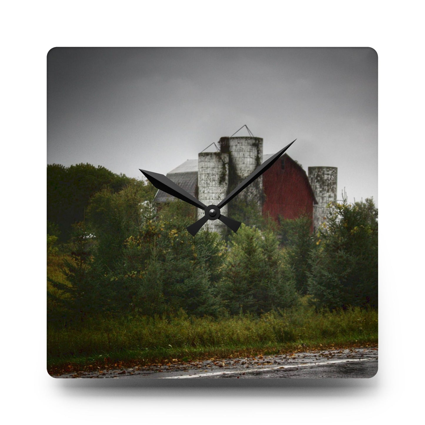 U R There Photography Castle Road Red and Silos in the Rain Rustic Farmhouse Acrylic Analog Wall Clock