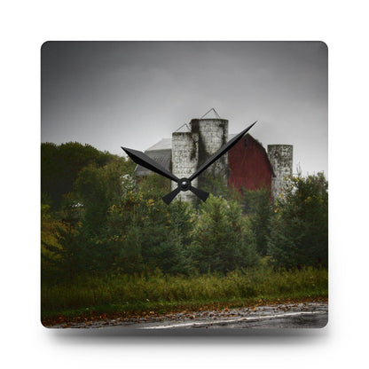 U R There Photography Castle Road Red and Silos in the Rain Rustic Farmhouse Acrylic Analog Wall Clock