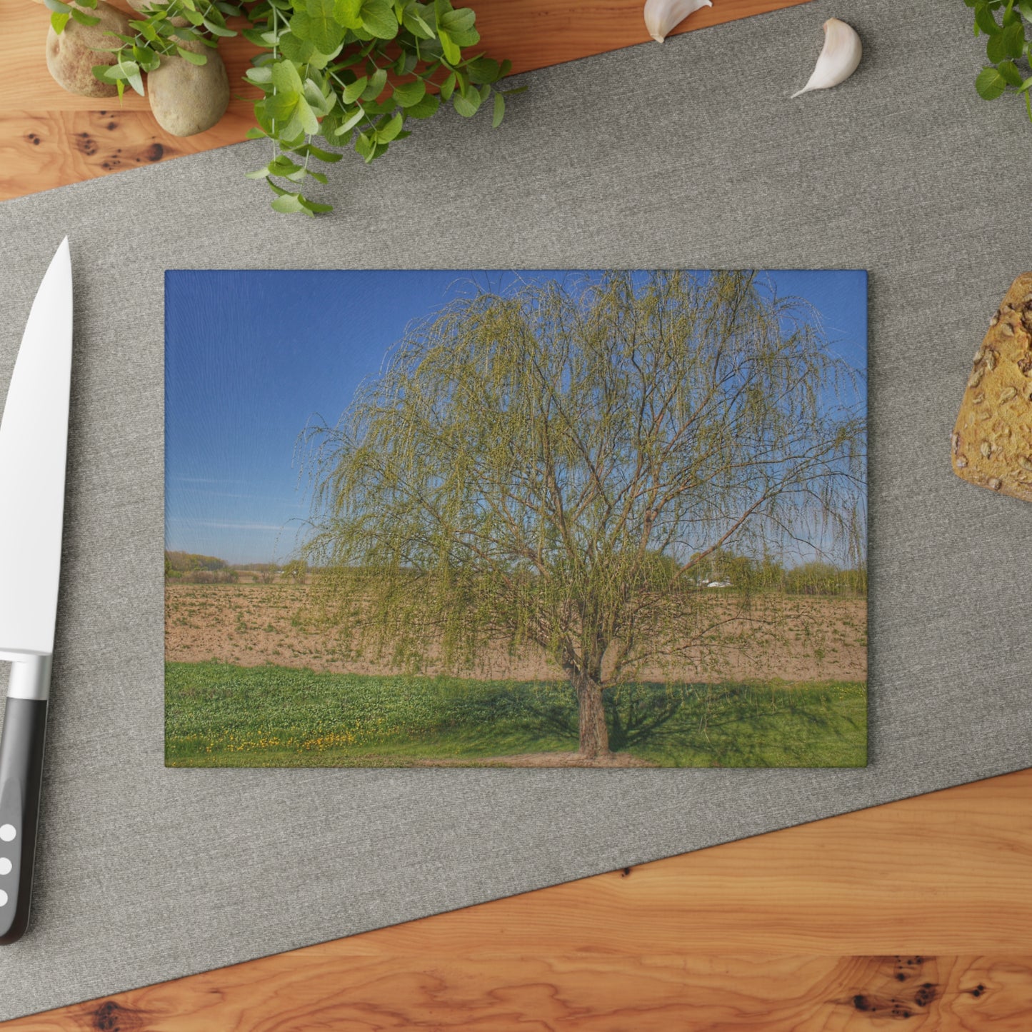 U R There Photography Spring Farm Willow Tree Rustic Farmhouse Tempered-Glass Cutting Board