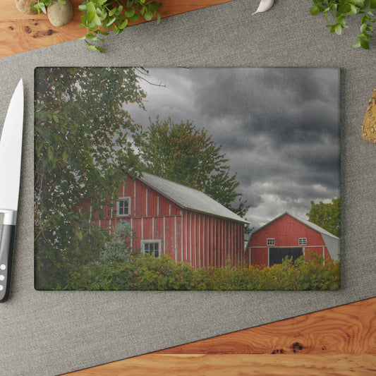 U R There Photography Pinstripe Barn and Buddy I Rustic Farmhouse Tempered-Glass Cutting Board