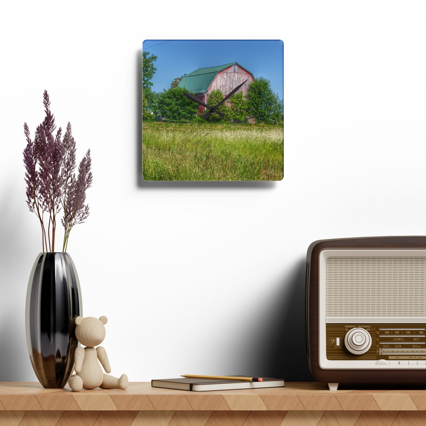 U R There Photography Elmwood Road Red IV Rustic Farmhouse Acrylic Analog Wall Clock