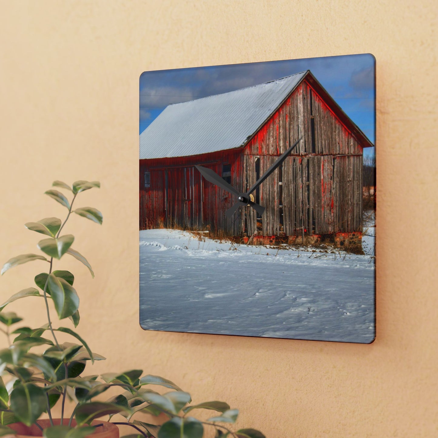 U R There Photography Barnes Road Little Red I Rustic Farmhouse Acrylic Analog Wall Clock