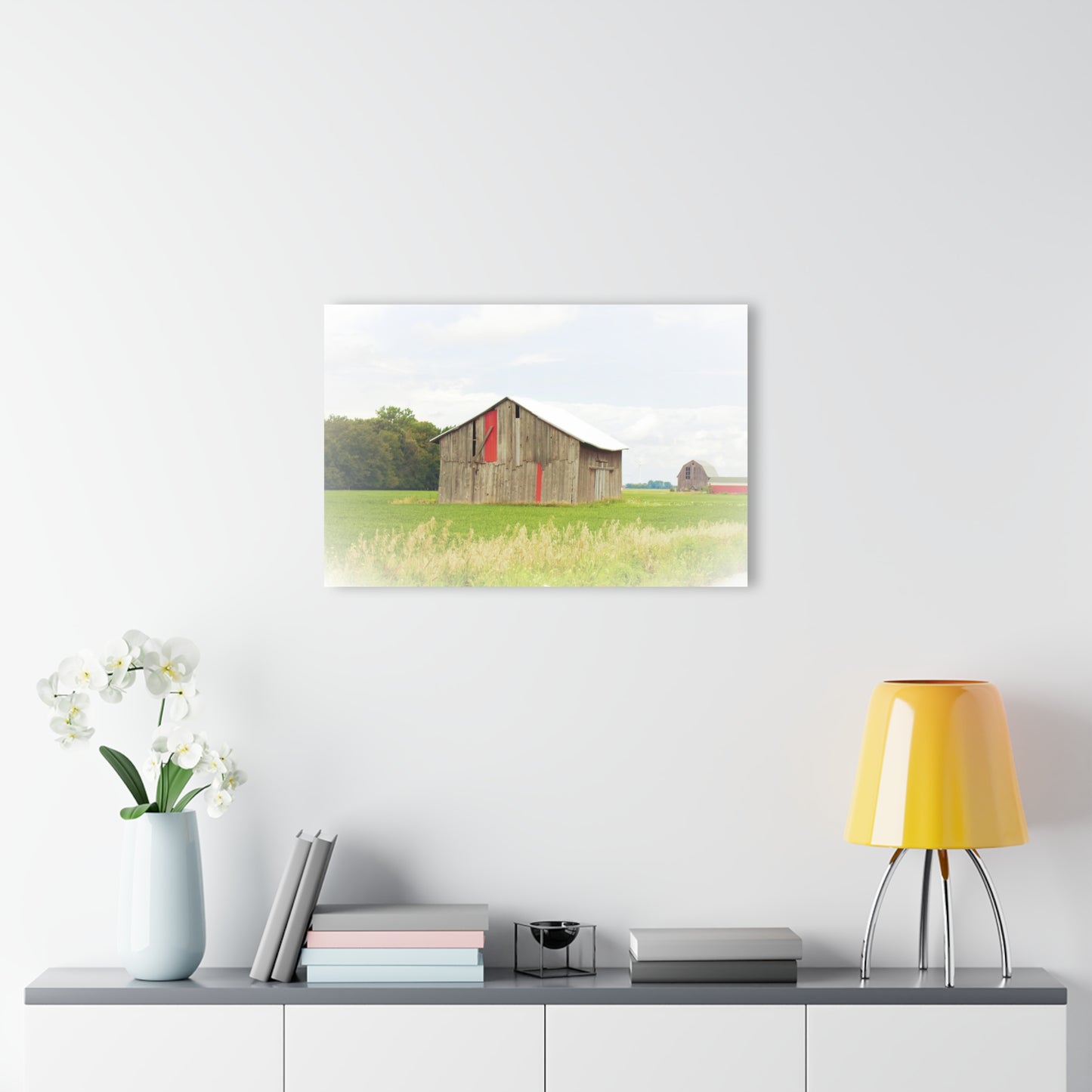 U R There Photography Square Barn with Barn in the Distance Rustic Farmhouse Acrylic Wall Print