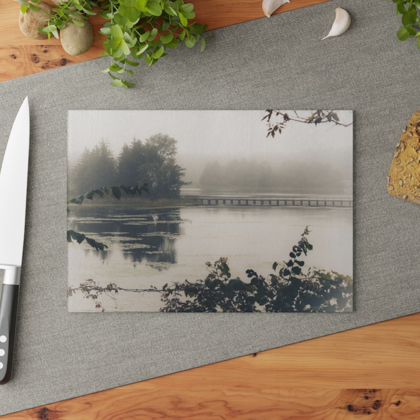 U R There Photography Bridge in Fog Rustic Farmhouse Tempered-Glass Cutting Board