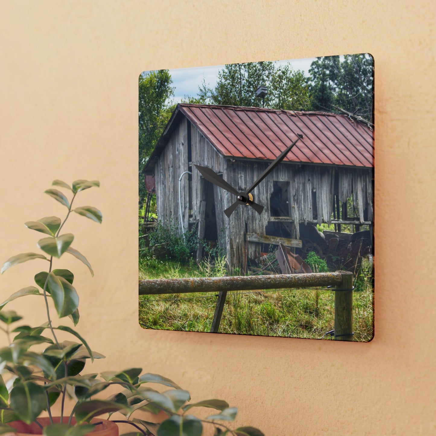 U R There Photography Silverwood Rusted Grey Shack Rustic Farmhouse Acrylic Analog Wall Clock