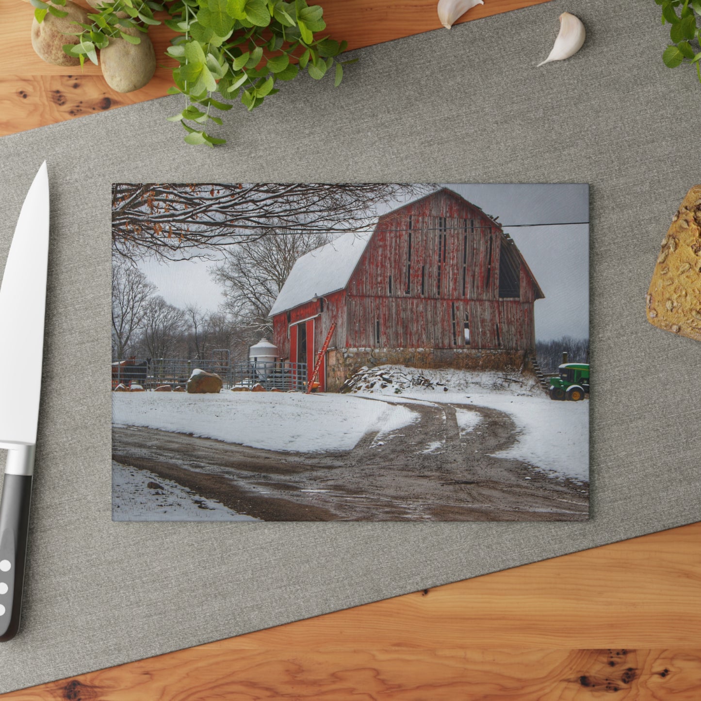 U R There Photography Marathon Road Red in Winter Rustic Farmhouse Tempered-Glass Cutting Board