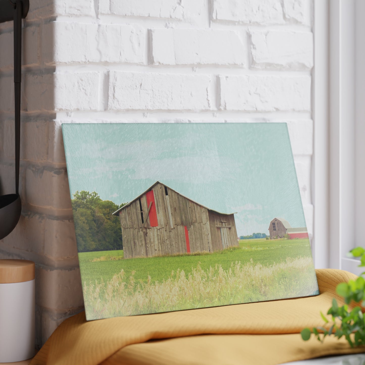 U R There Photography Square Barn with Barn in the Distance Rustic Farmhouse Tempered-Glass Cutting Board
