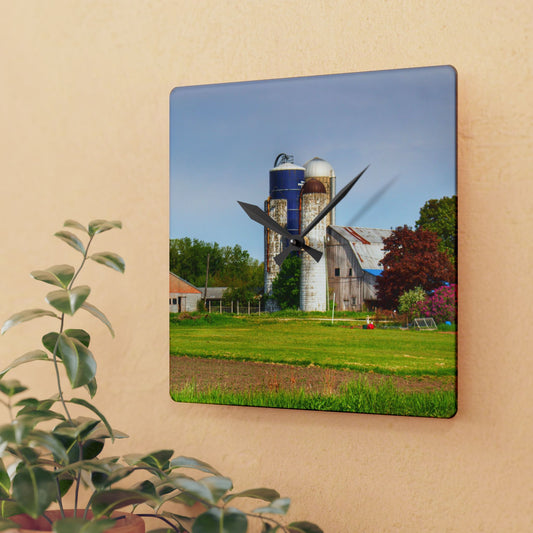 U R There Photography M-25 Old Grey and Silos Rustic Farmhouse Acrylic Analog Wall Clock