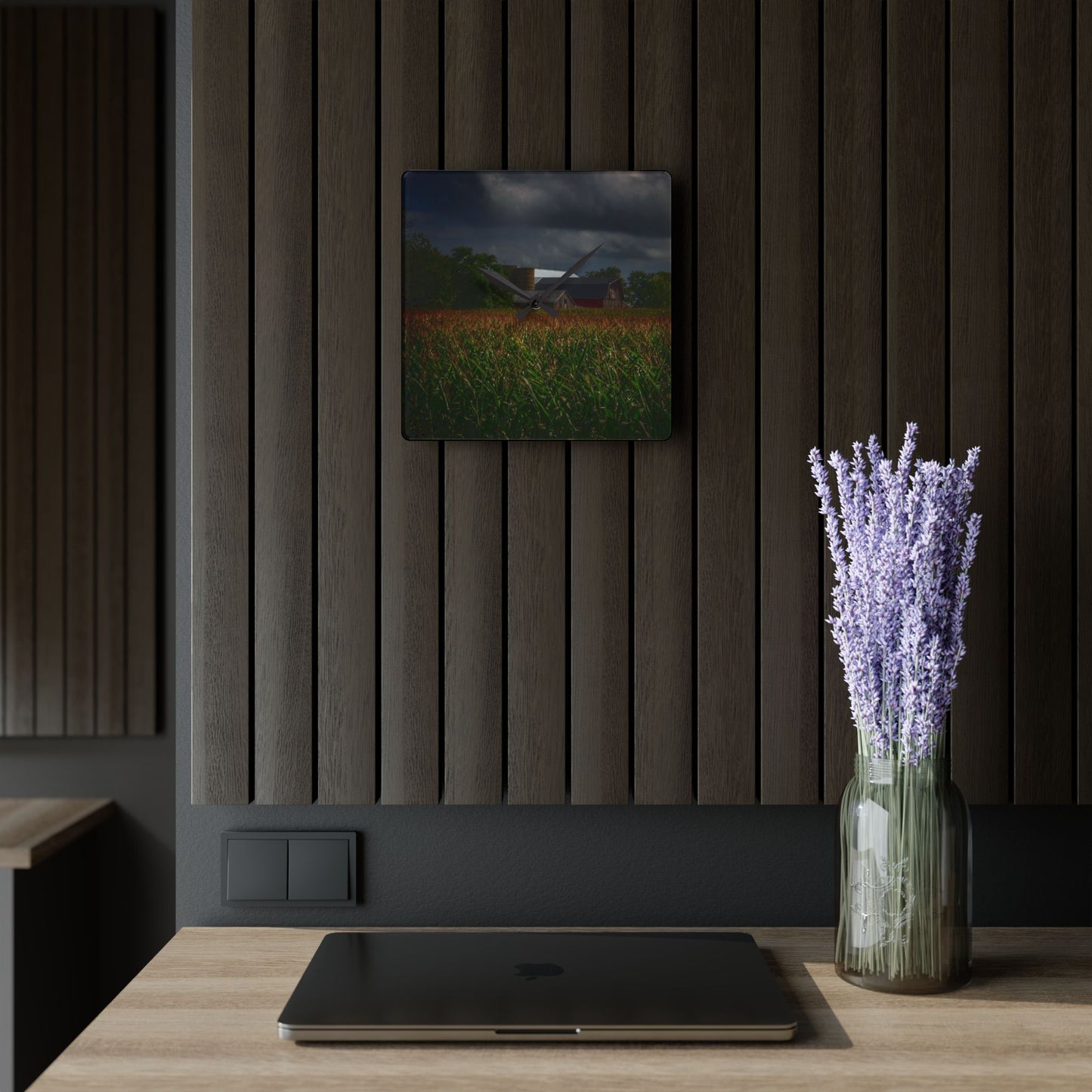 U R There Photography Bishop Road Beyond the Corn Rustic Farmhouse Acrylic Analog Wall Clock