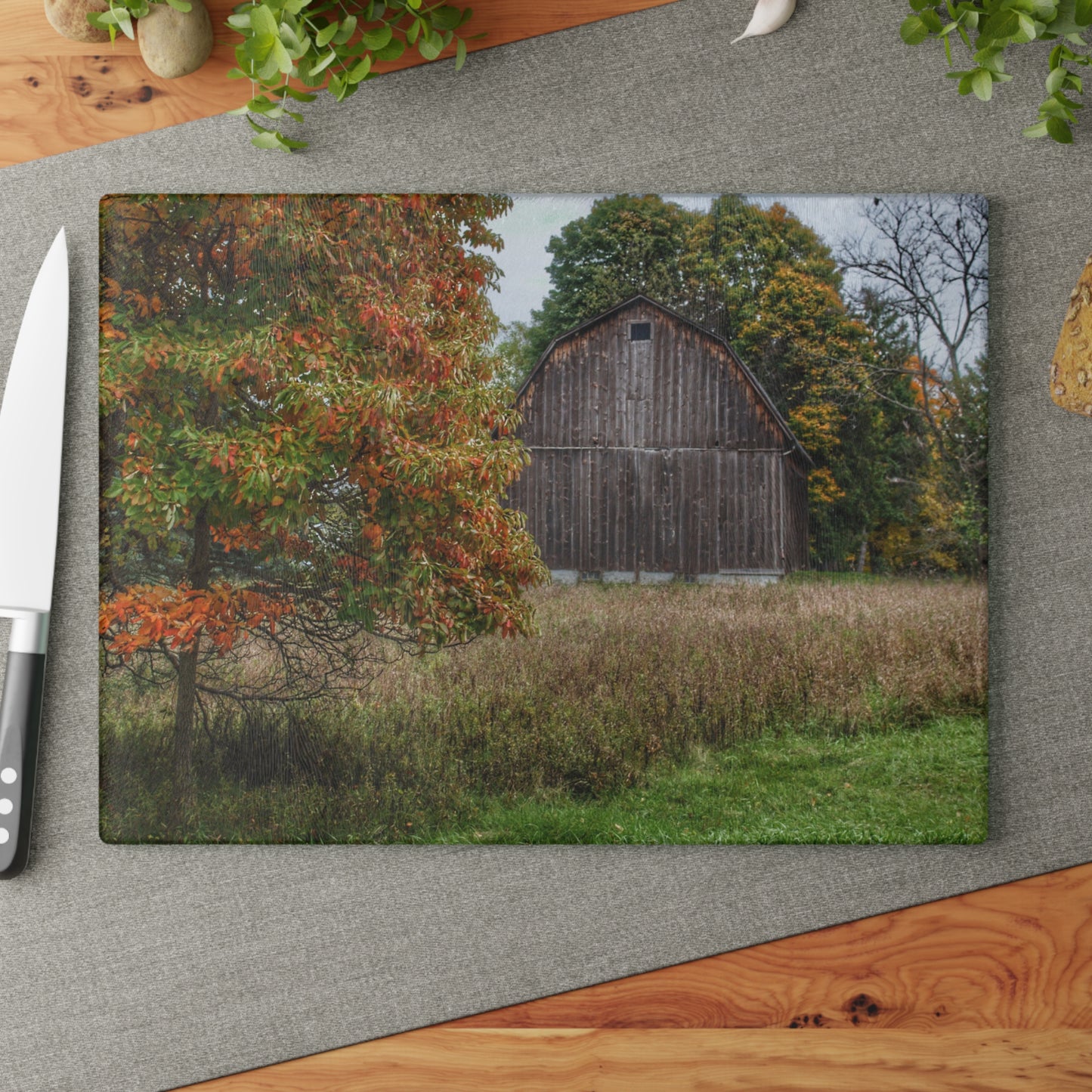 U R There Photography Mount Morris Road Grey in the Fall Rustic Farmhouse Tempered-Glass Cutting Board