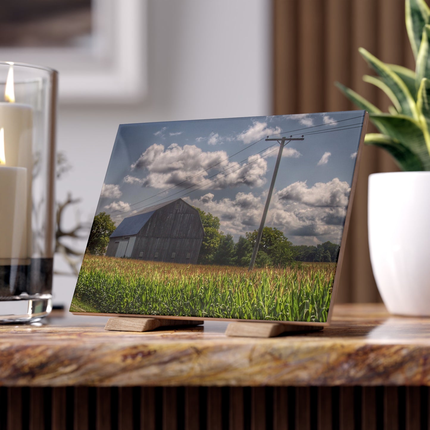 U R There Photography Grey Barn in a Cornfield Rustic Farmhouse Decorative Ceramic Tile