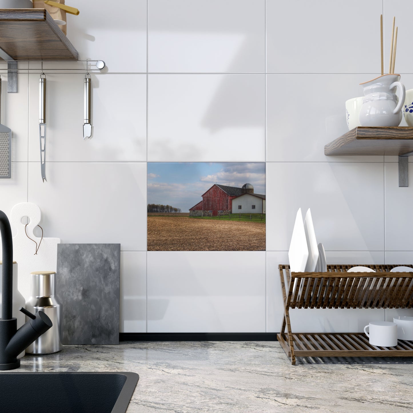 U R There Photography Cedar Creek Road Saltbox Red Rustic Farmhouse Decorative Ceramic Tile