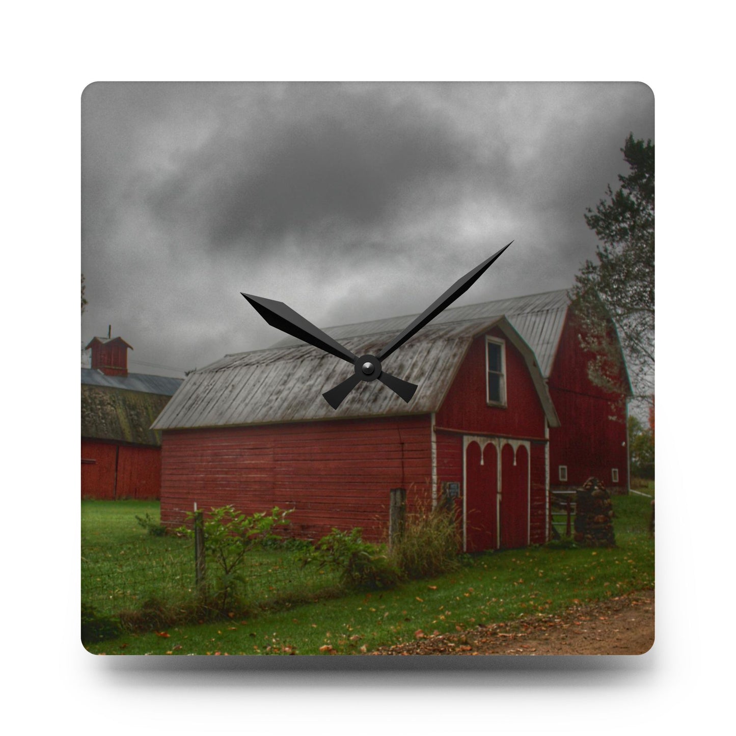 U R There Photography Cramton Road Reds II Rustic Farmhouse Acrylic Analog Wall Clock